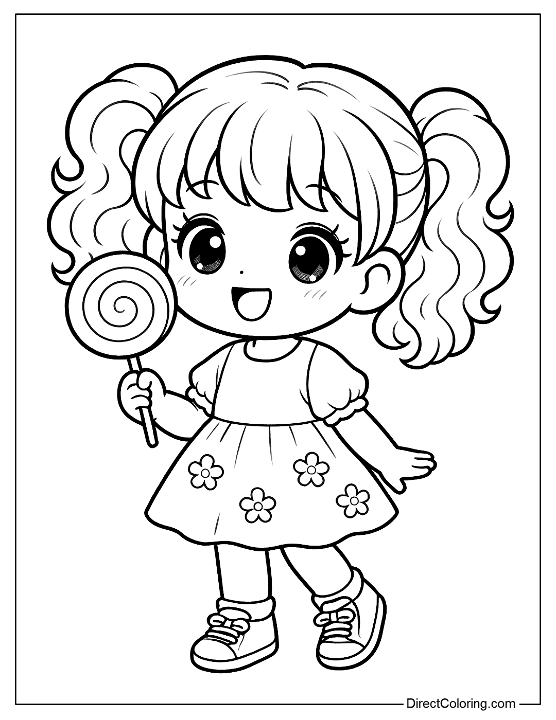 Coloring Page A girl with curly hair tied in two pigtails holding a big round lollipop, wearing a floral dress and cute sneakers